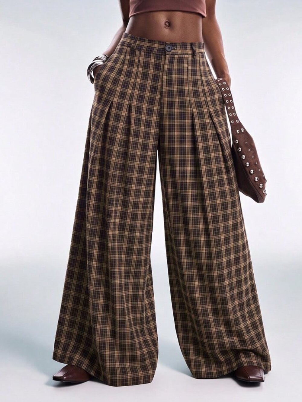 Multicolor Casual Women's Plaid Zipper Fly Pocket Loose Wide Leg Long Pants - Picture 5 of 6